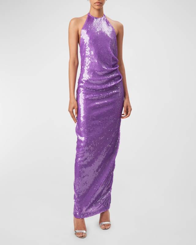 Halo Sequined Open-Back Halter Gown